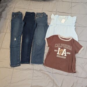 Levi's Jeans Bundle, H&M Blue Ruffle Top and Brown Graphic Tee